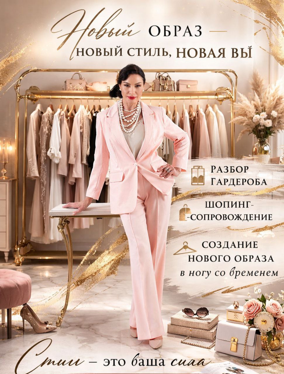 Рекламный баннер стилистических услуг: элегантная женщина в розовом брючном костюме стоит в бутике перед вешалкой с одеждой светлых тонов; на изображении размещён текст «Новый образ — новый стиль, новая вы» и перечислены услуги: разбор гардероба, шопинг-сопровождение и создание нового образа.