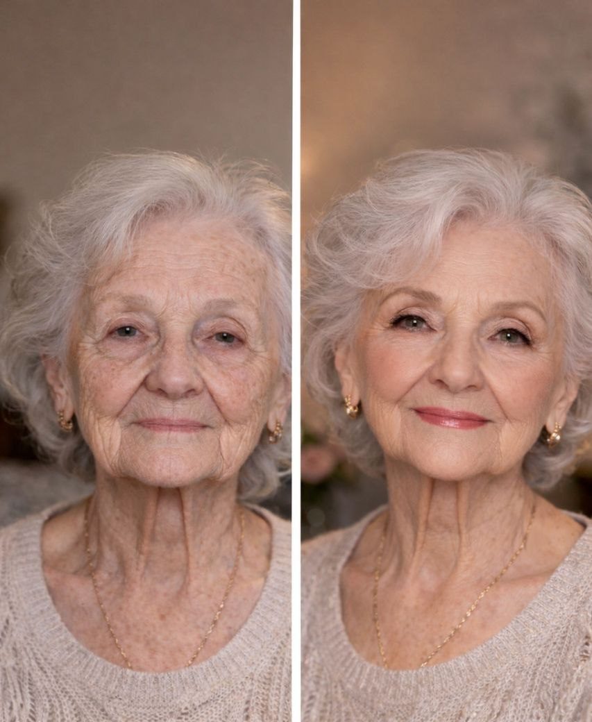 Два портрета пожилой женщины с седыми волосами рядом: слева без макияжа с заметными морщинами, справа с лёгким макияжем, более гладкой кожей и мягкой улыбкой.
