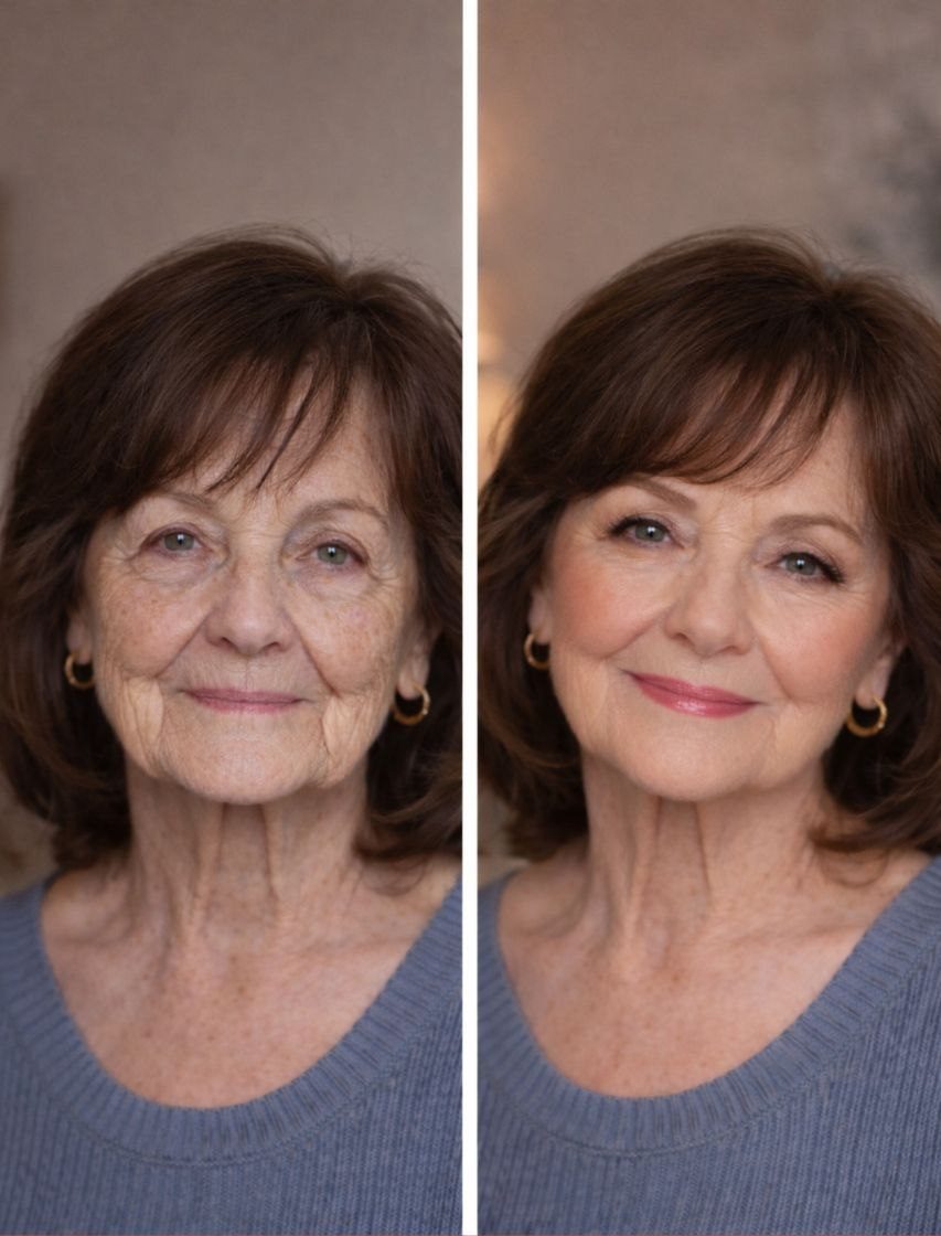 Два портрета пожилой женщины, расположенные рядом. У неё короткие каштановые волосы и золотые серьги. Слева лицо без макияжа, с заметными морщинами и естественной текстурой кожи. Справа та же женщина с макияжем, более ровным тоном кожи и более молодым, гладким внешним видом.