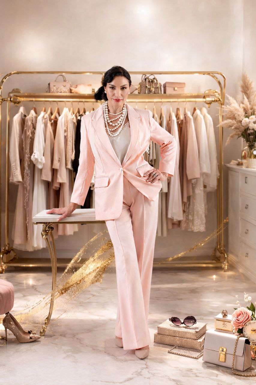 Elegant gekleidete Frau in einem rosafarbenen Hosenanzug steht selbstbewusst in einer Boutique vor einer Kleiderstange mit hellen Kleidungsstücken; sie trägt mehrere Perlenketten und stützt eine Hand auf einen Tisch, umgeben von Handtaschen und Accessoires.