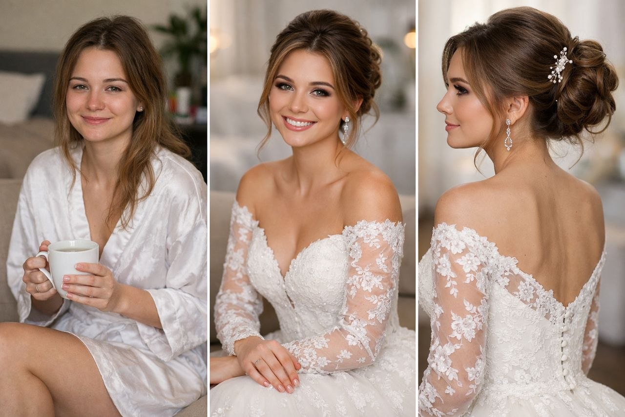 Brautstyling Vorher-Nachher: links natürliche Frau im Bademantel mit Tasse, mittig fertiger Brautlook mit glamourösem Make-up, Hochsteckfrisur und Spitzen-Brautkleid, rechts Seitenansicht der eleganten Frisur mit Haarschmuck und Ohrringen.