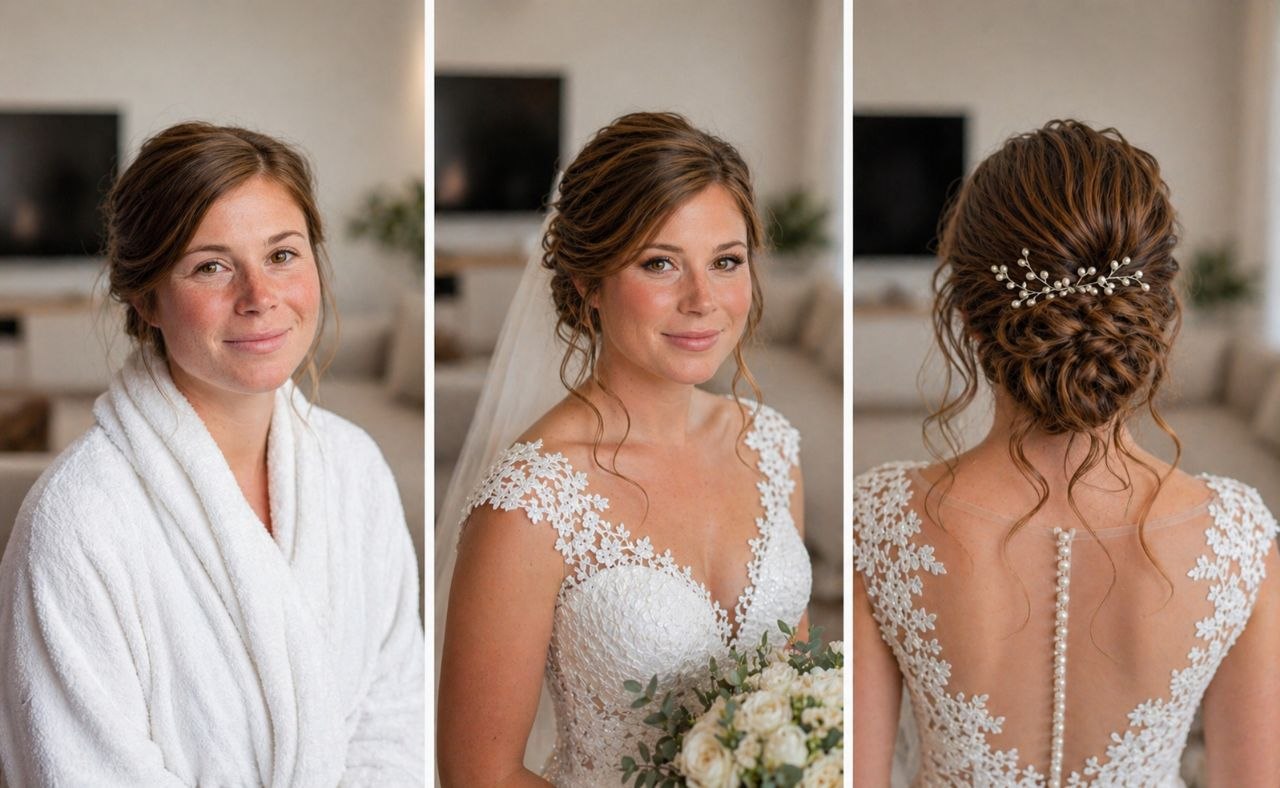 Braut Make-up und Hochsteckfrisur Vorher-Nachher: links natürlich ohne Styling im Bademantel, mittig fertiger Brautlook mit zartem Make-up, Schleier und Spitzenkleid, rechts Rückansicht der eleganten Hochsteckfrisur mit Haarschmuck.