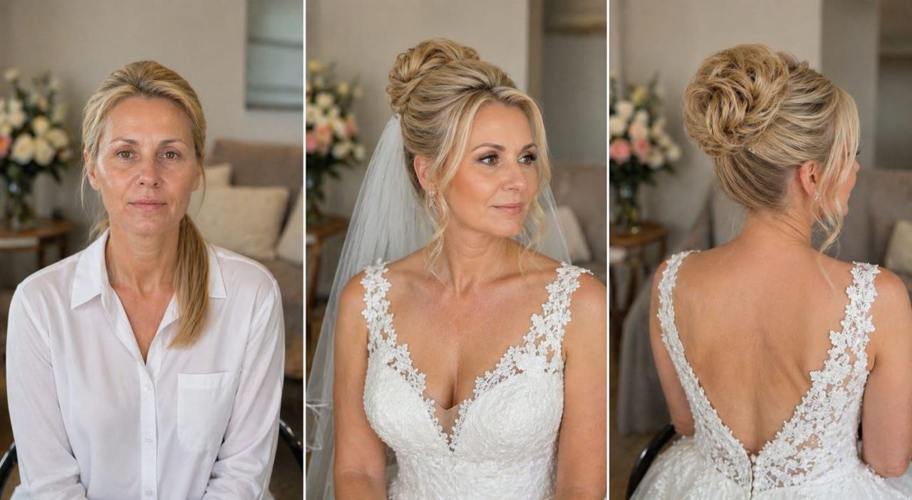 Brautstyling Vorher-Nachher: links natürliche Frau ohne Make-up mit Pferdeschwanz, mittig eleganter Brautlook mit dezentem Make-up, Schleier und voluminöser Hochsteckfrisur, rechts Rückansicht der kunstvollen Brautfrisur mit lockerem Dutt.