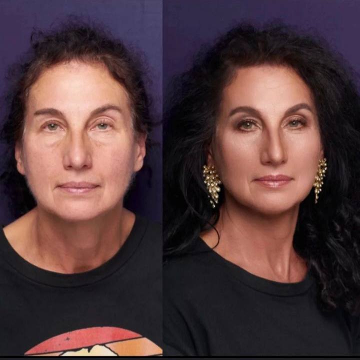 Reifes Make-up für reife Haut – vorher und nachher. Professionelles Make-up, das natürliche Schönheit und Ausstrahlung betont, Visagistin Natali Beliaeva, Nürnberg