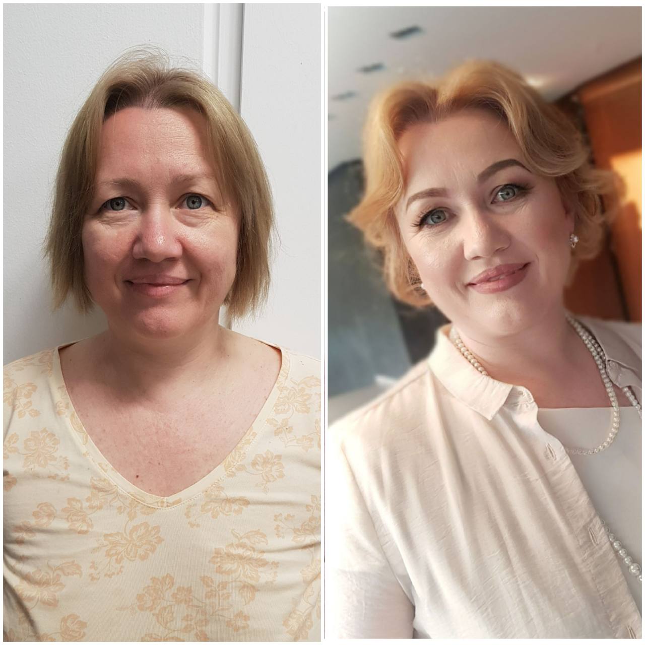 Reifes Make-up – vorher und nachher. Sanftes, verjüngendes Make-up mit Betonung der Augen und natürlichem Teint, Visagistin Natali Beliaeva, Nürnberg