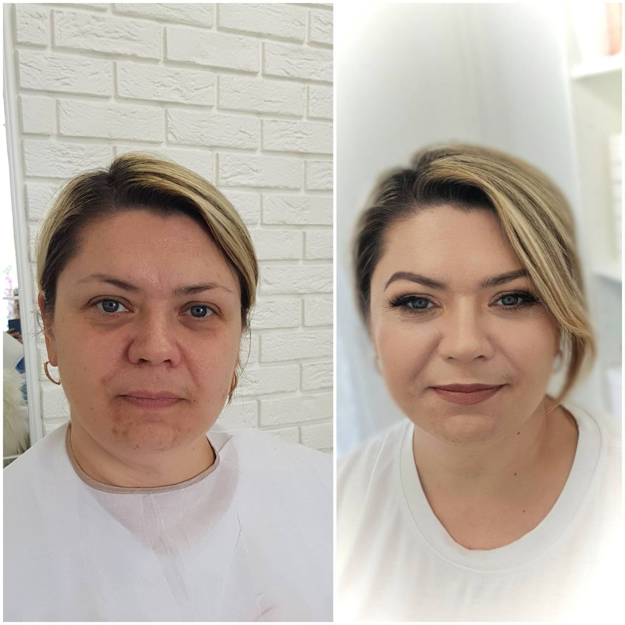 Make-up für reife Haut – vorher und nachher. Natürliches Make-up mit frischem, gleichmäßigem Hautton, Natali Beliaeva, Bayern