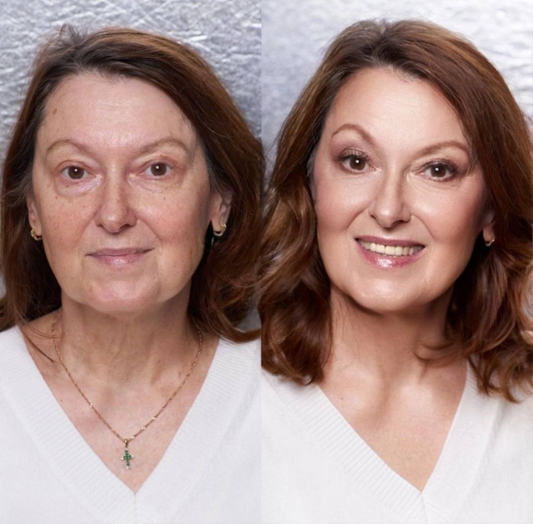 Reifes Make-up – vorher und nachher. Sanftes, verjüngendes Make-up für reife Haut, Visagistin Natali Beliaeva, Nürnberg