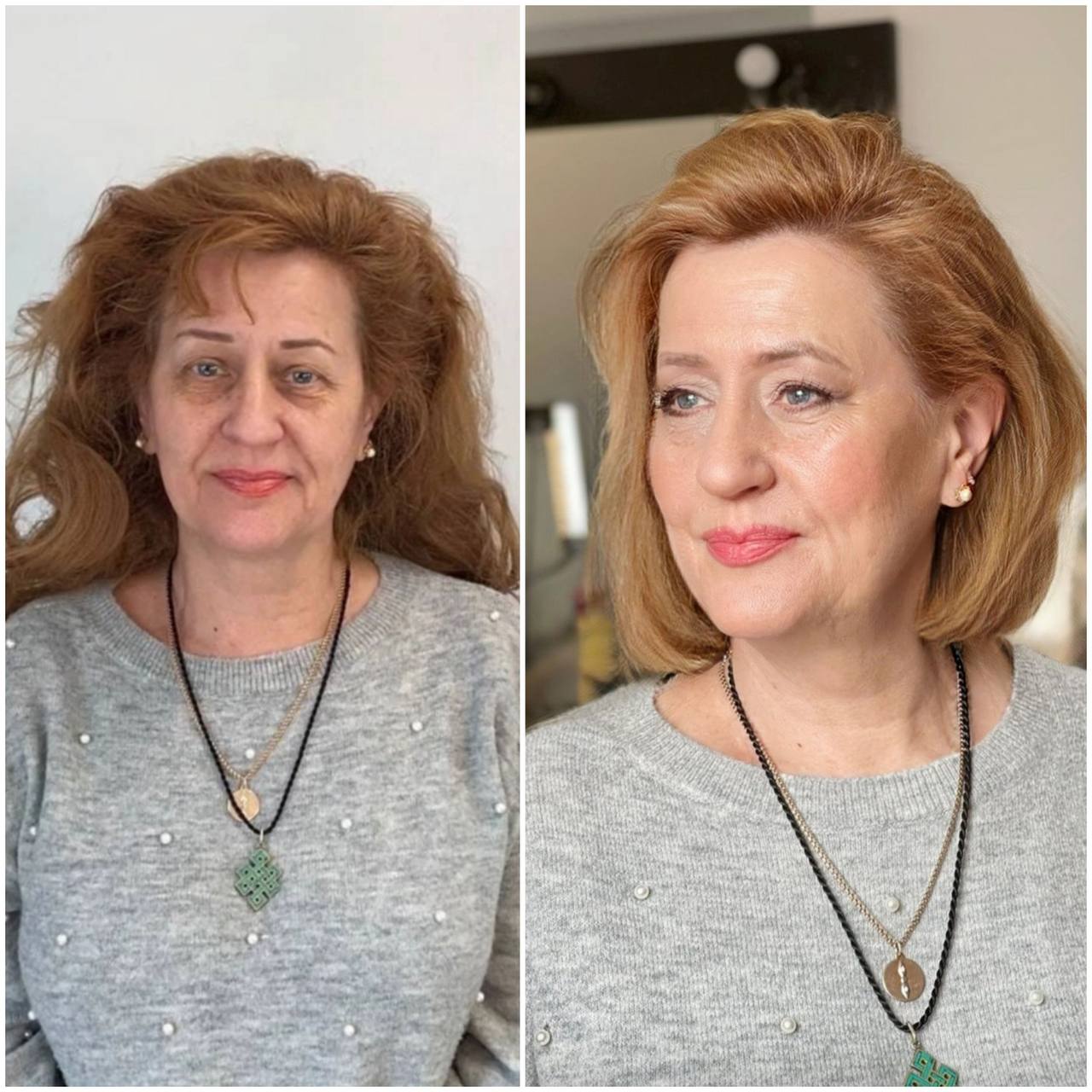 Make-up für reife Haut – vorher und nachher. Sanftes, verjüngendes Make-up mit natürlichen Tönen, Natali Beliaeva, Bayern