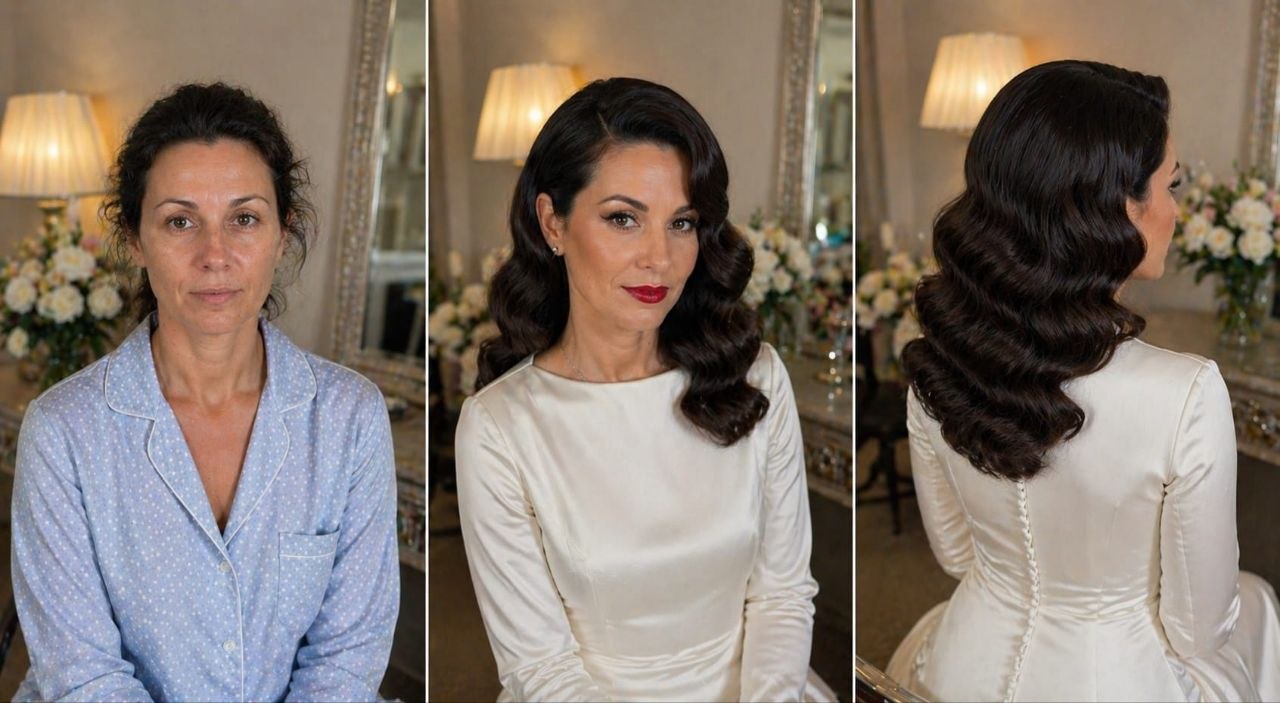 Make-up und Hairstyling Vorher-Nachher: links natürliche Frau ohne Styling im Pyjama, mittig eleganter Look mit professionellem Make-up, roten Lippen und Hollywood-Wellen, rechts Rückansicht der glänzenden, weich fallenden Wellenfrisur.
